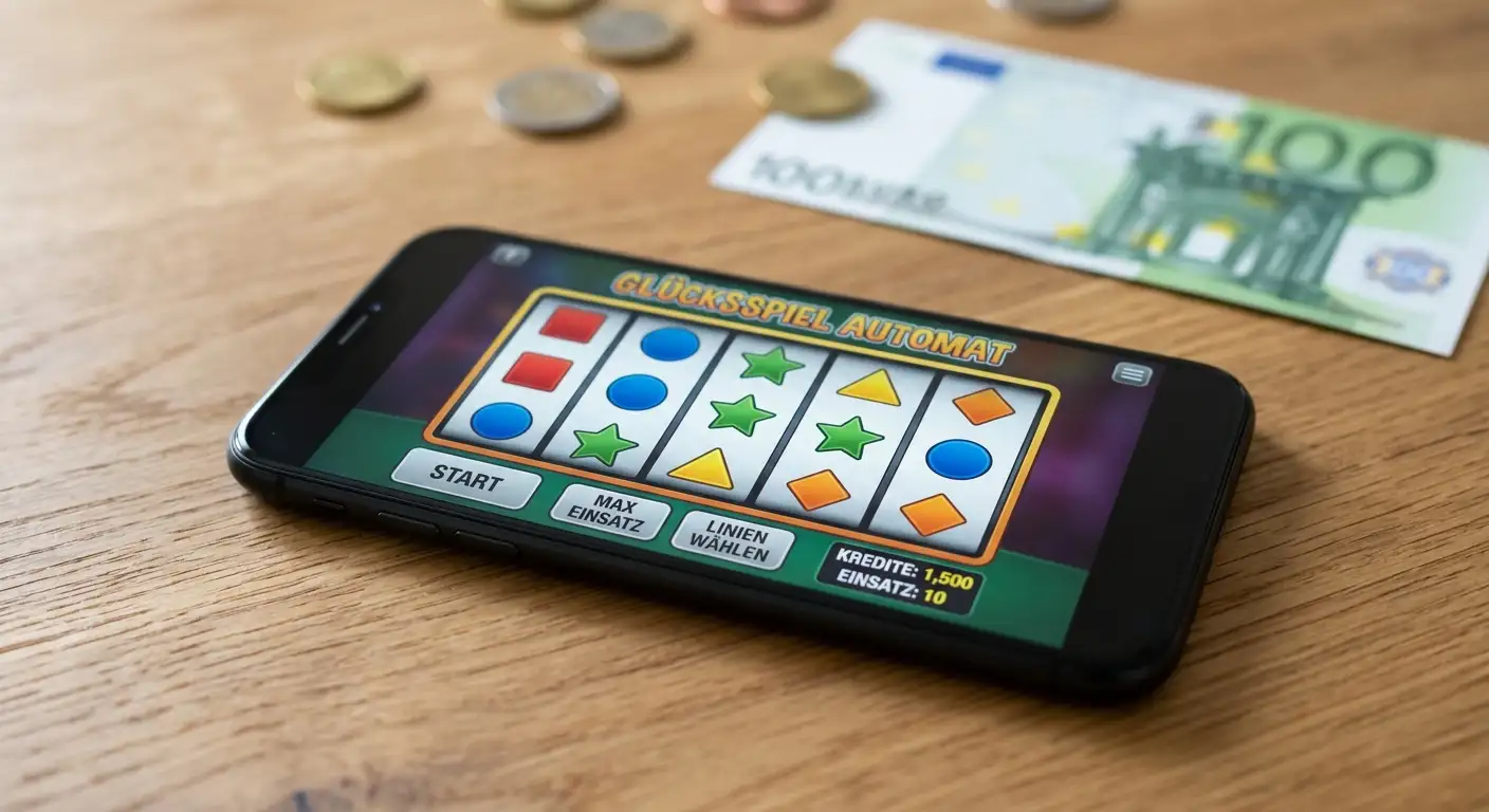 Slots und Spielautomaten: mobile Spieloberfläche auf einem Smartphone mit Spielguthaben