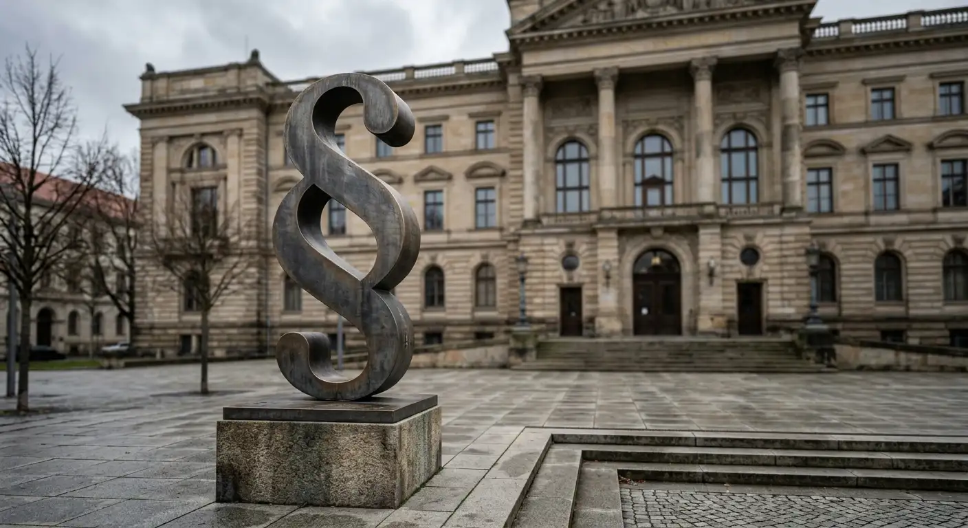 Deutsche Rechtslage für Online-Glücksspiel – Paragrafenzeichen vor Gerichtsgebäude