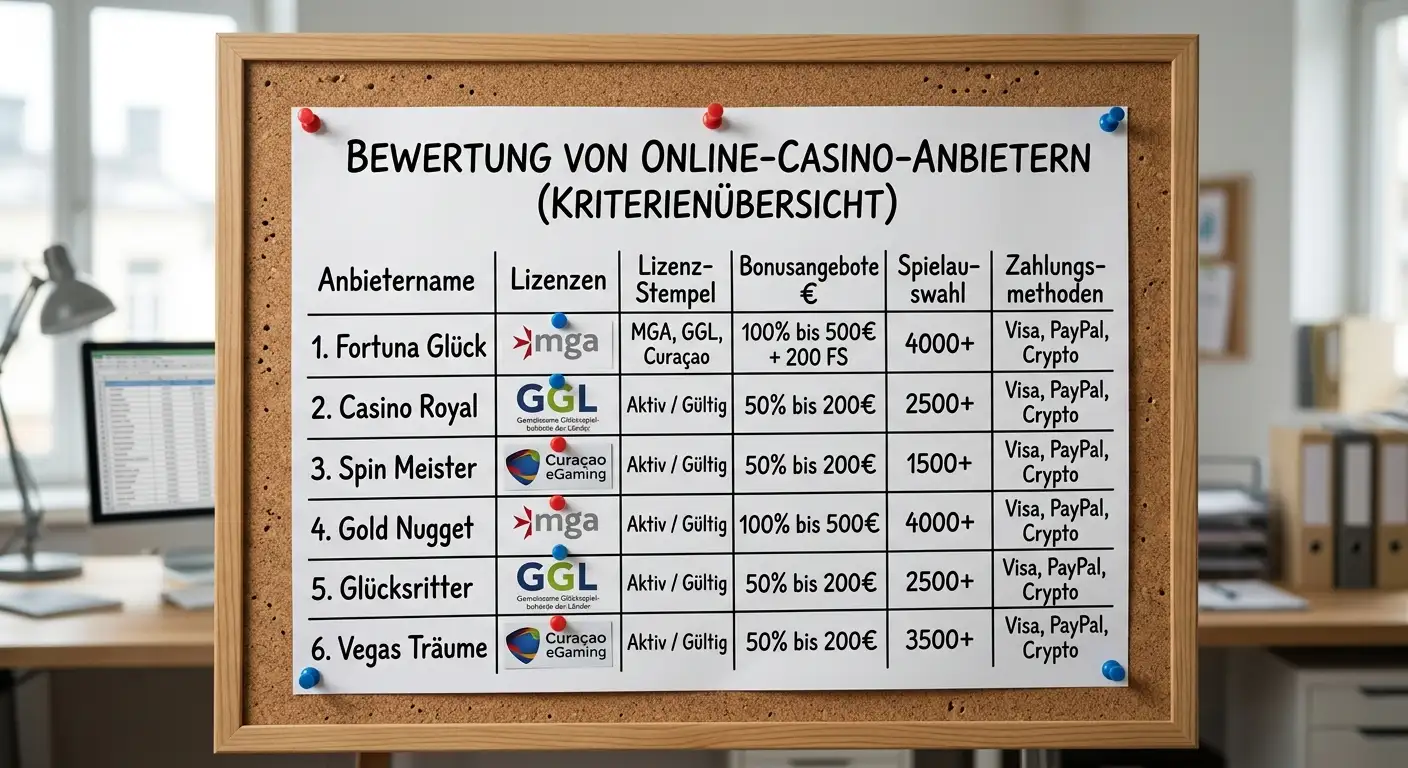 Vergleichstabelle der 10 Anbieter mit Lizenzstatus und Bonusdetails