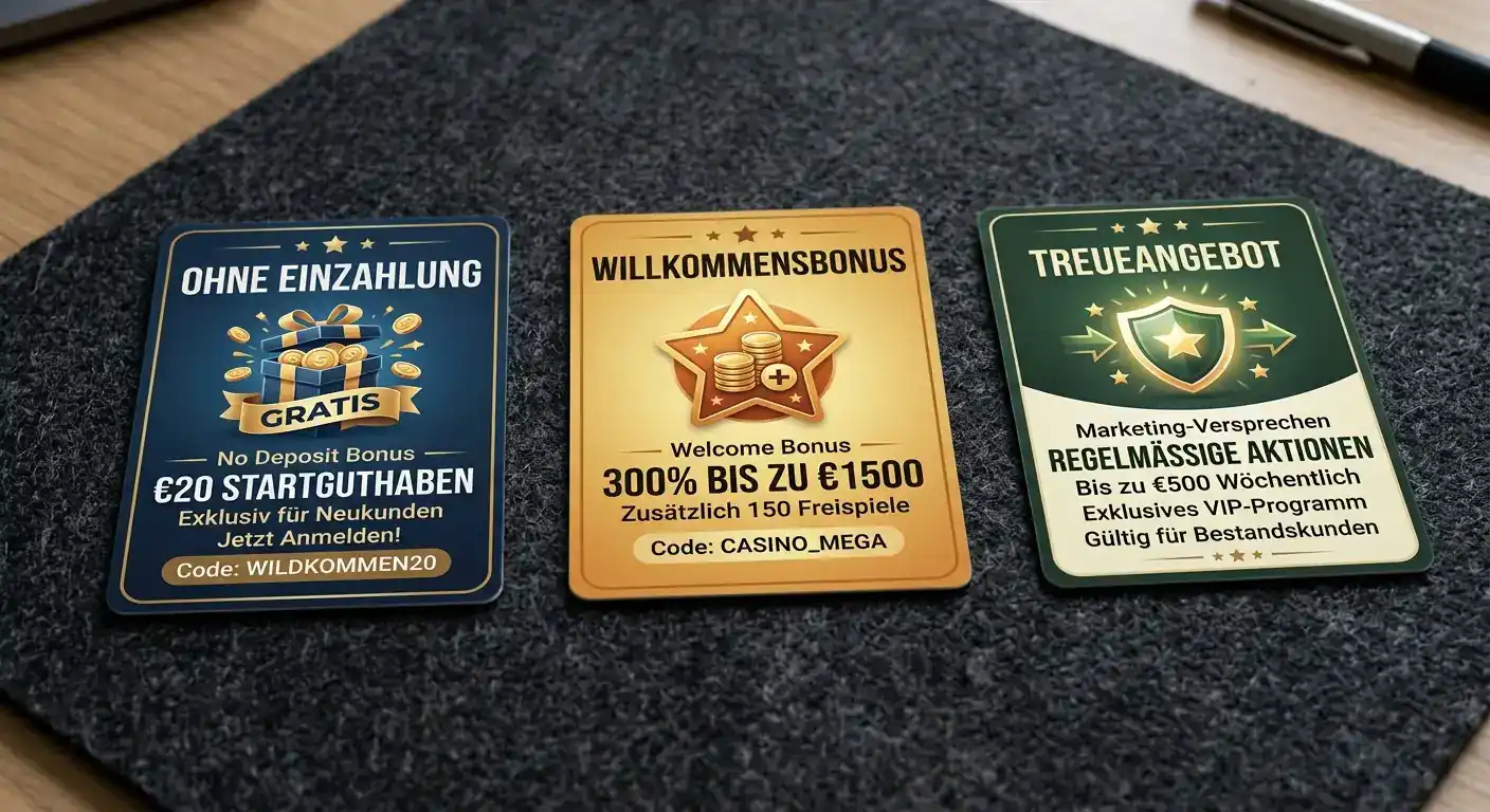 Drei Arten von Casino-Bonus im Vergleich: No-Deposit-Guthaben, Willkommensbonus mit Mindesteinzahlung und Werbeversprechen