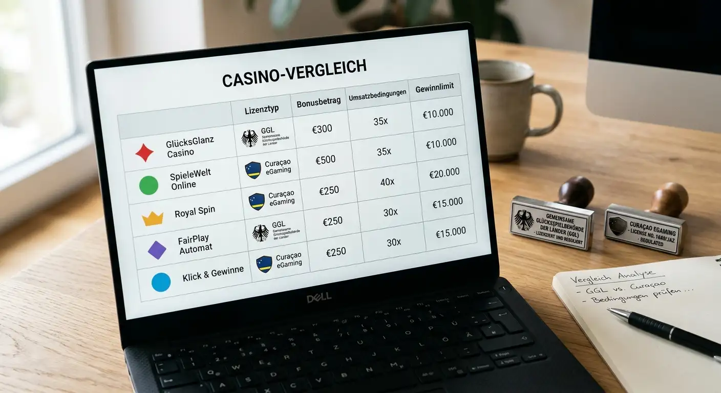 Vergleichstabelle Anbieter 50 Freispiele ohne Einzahlung – Spalten Lizenz, Bonus, Umsatz, Gewinnlimit
