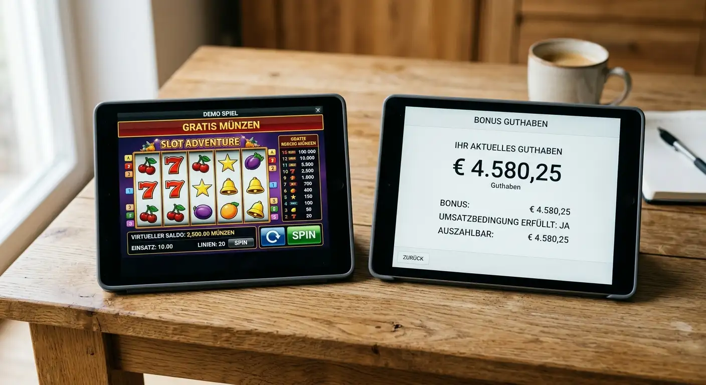 Demo-Modus versus Bonus ohne Einzahlung – zwei Tablets mit Spielbildschirm nebeneinander