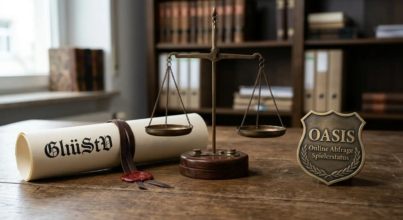 GGL-Lizenz und GlüStV – Waage mit Paragraphen-Zeichen und deutschem Spielerschutz-Symbol