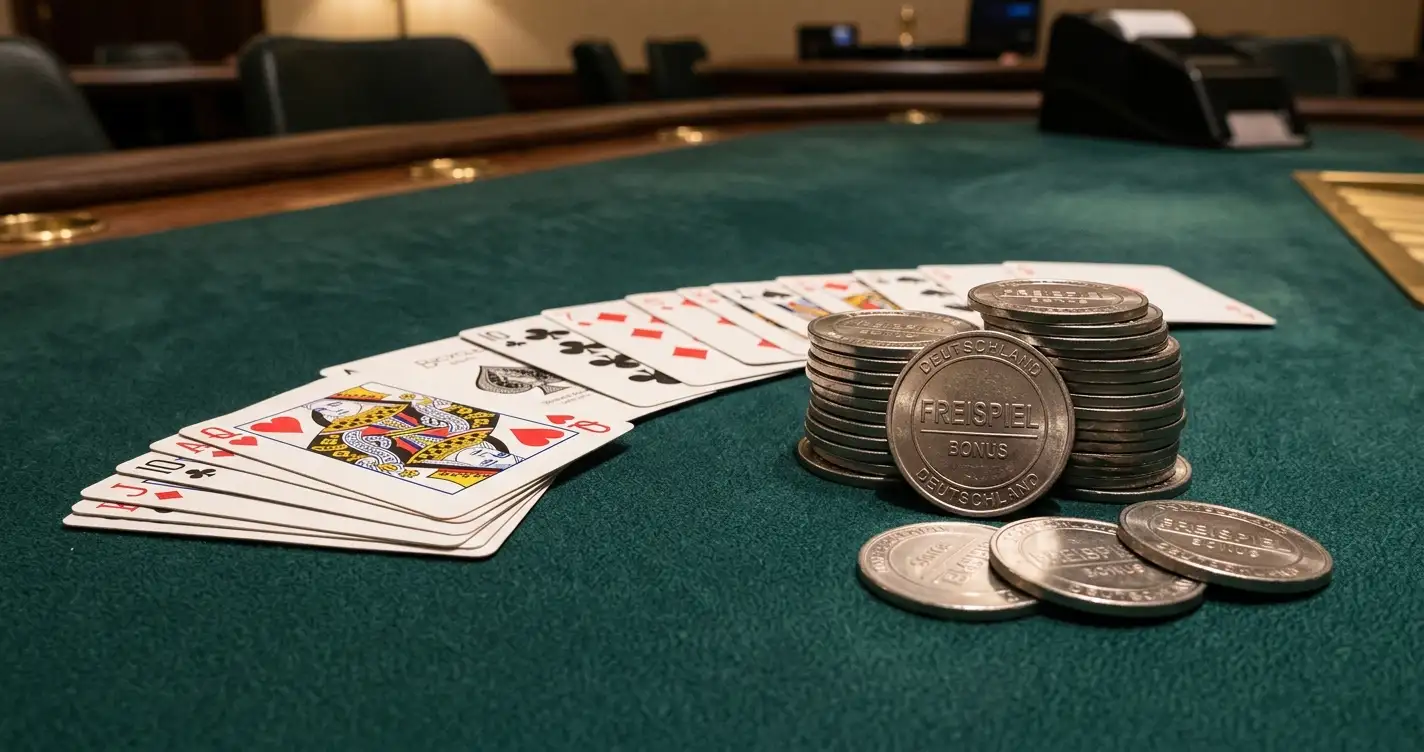 Casino Bonus ohne Einzahlung – Stapel von Spielchips und Bonus-Symbolen auf grünem Filz