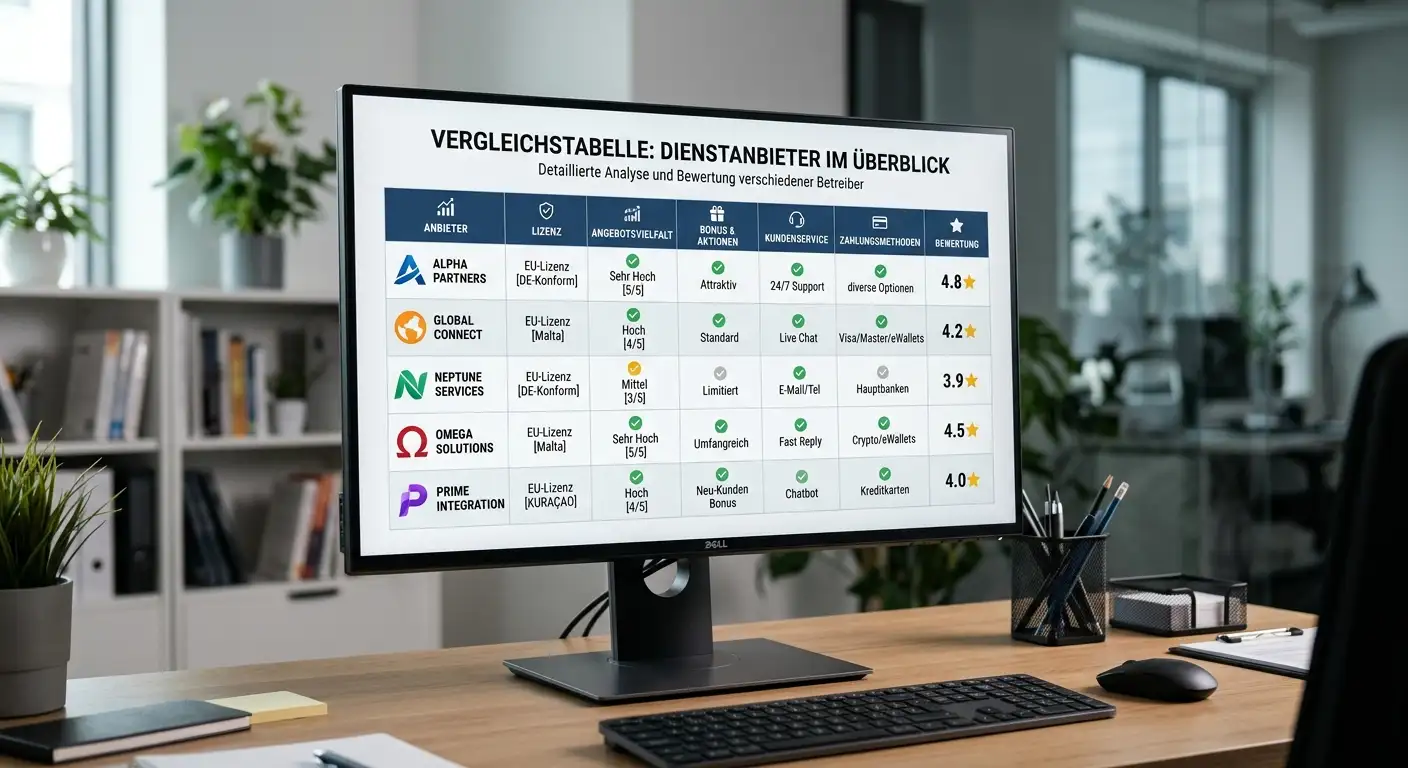 Vergleichstabelle der zehn Online Casinos ohne Download