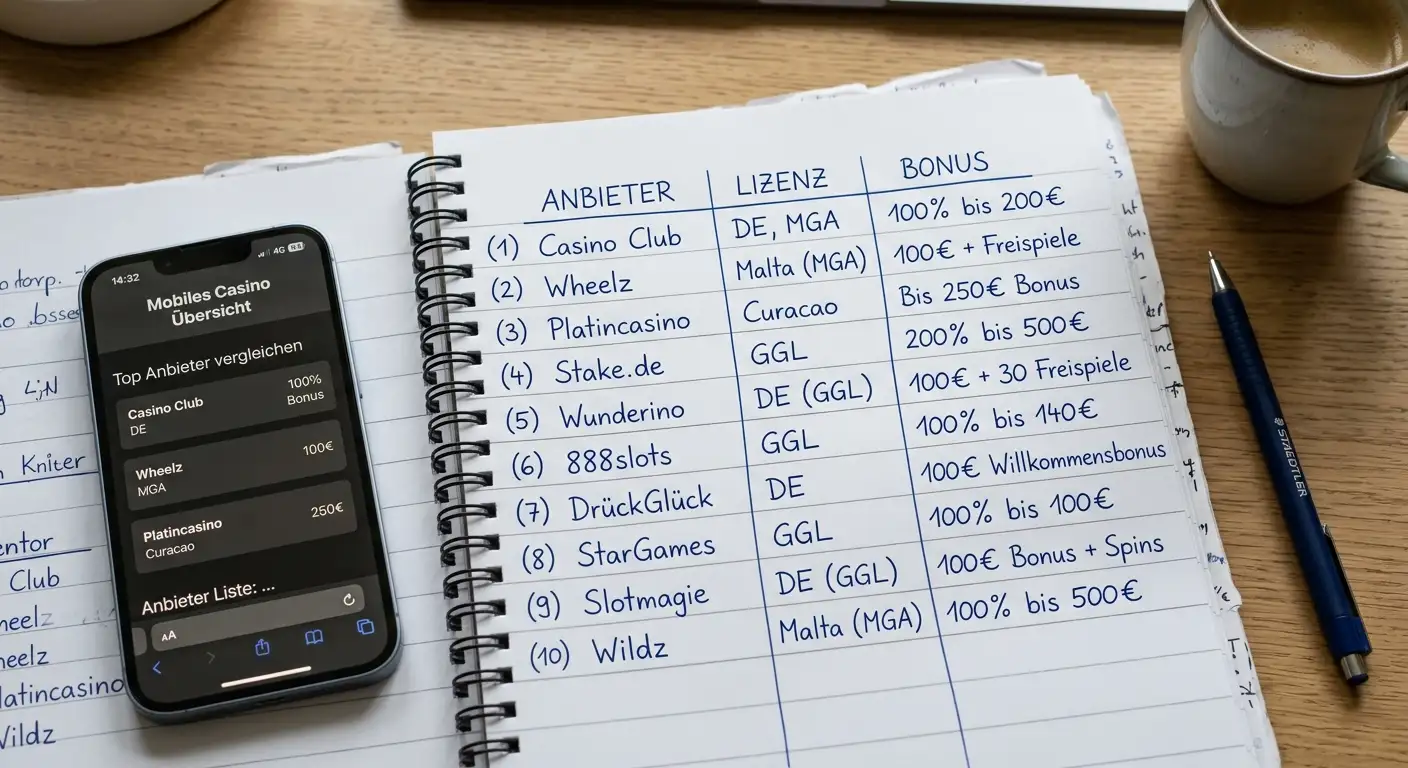 Vergleichstabelle mit zehn Handy Casinos, Lizenzen und Boni