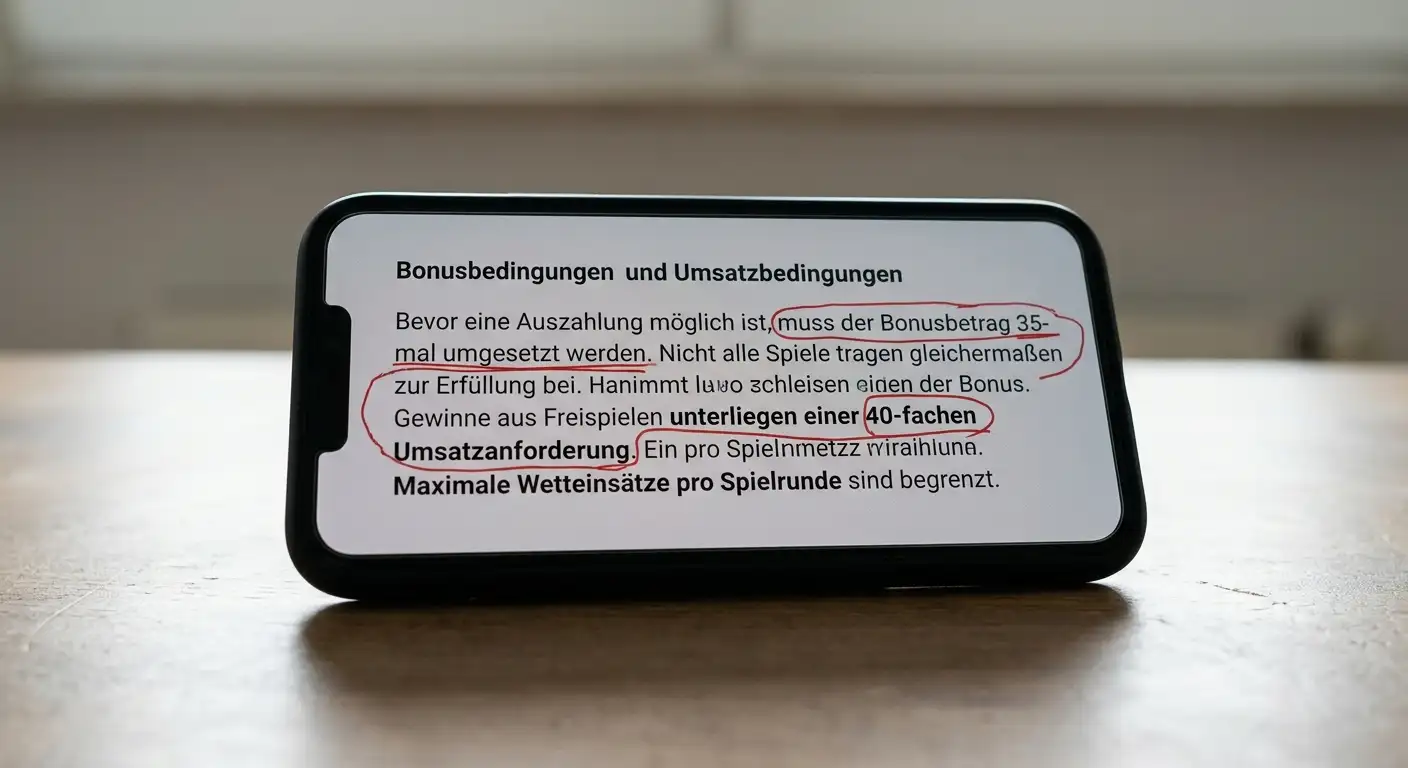 Smartphone-Display mit Bonusbedingungen und Umsatzanforderungen