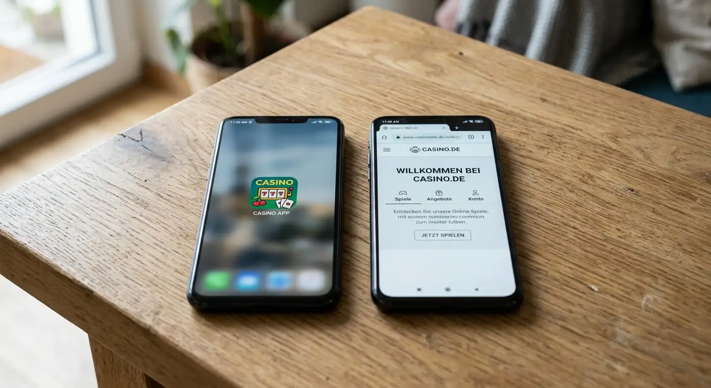 Vergleich zwischen Casino-App und mobilem Browser auf zwei Smartphones