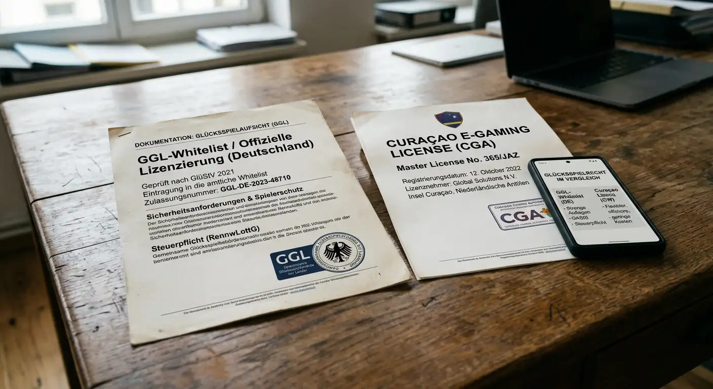 Zwei Dokumente nebeneinander: GGL-Whitelist und Curaçao-Lizenz