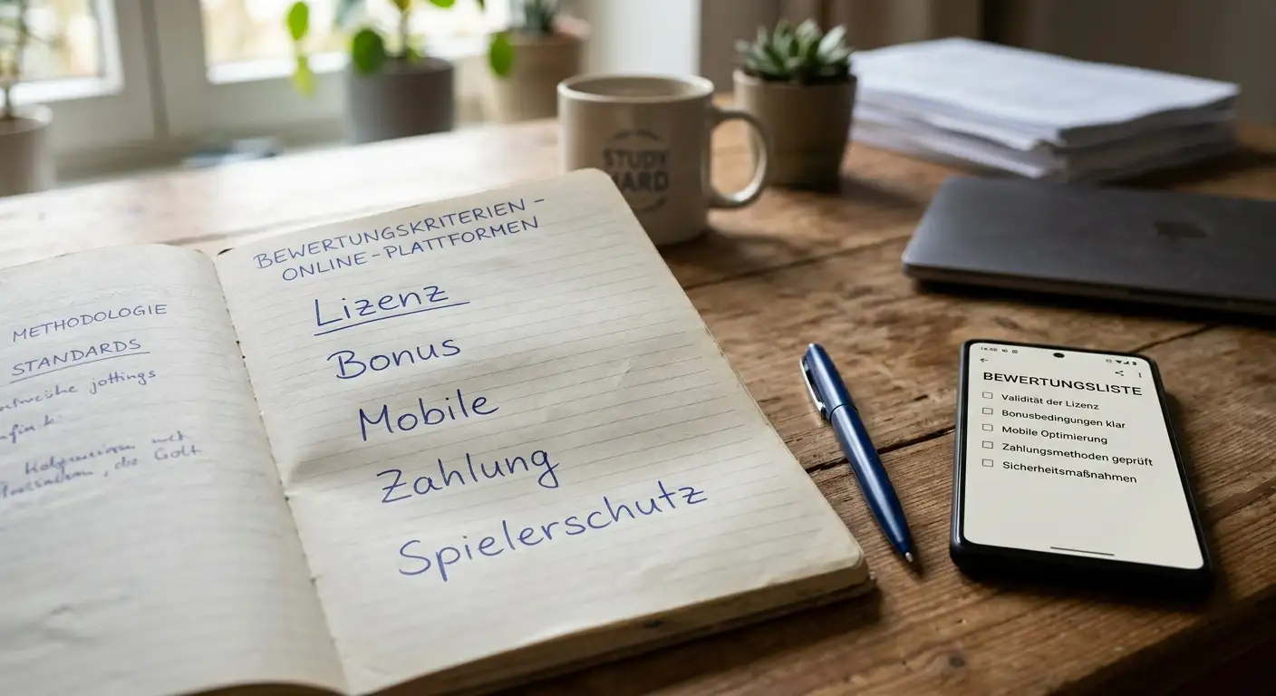 Notizbuch mit Bewertungskriterien für Casino-Vergleich