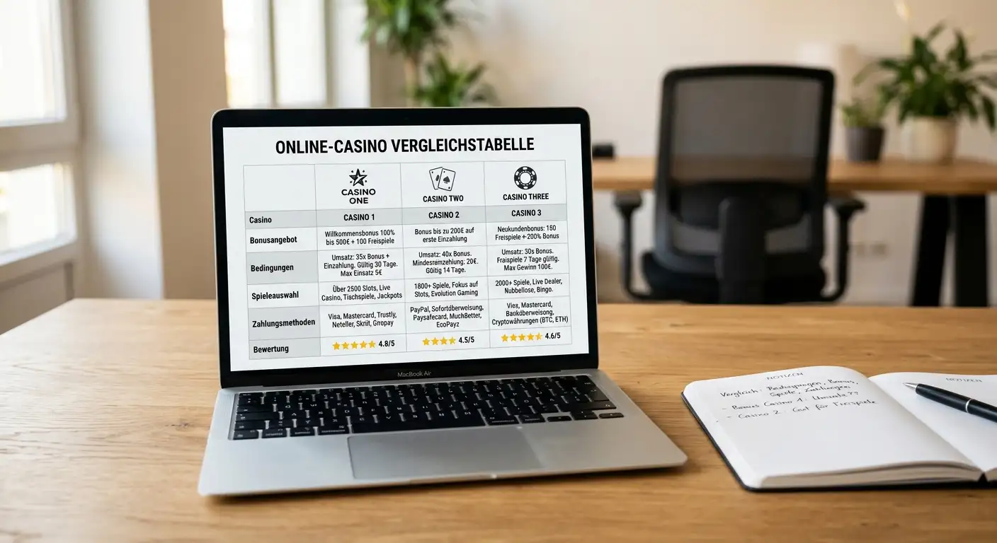 Vergleichstabelle mit zehn Online-Casinos und 20 Euro Mindesteinzahlung