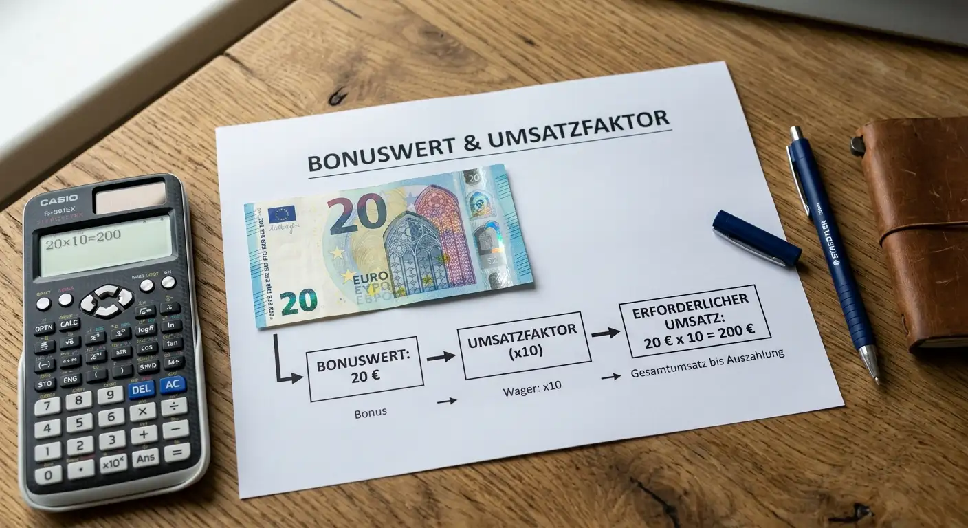 Bonusrechnung mit 20 Euro Einzahlung und Umsatzfaktor