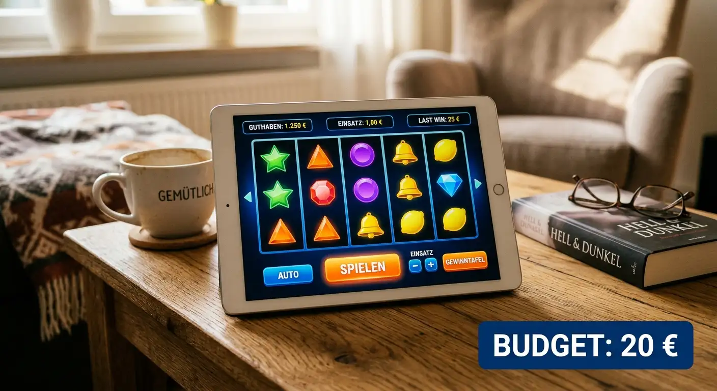 Spielautomat-Bildschirm mit 20 Euro Budget-Anzeige