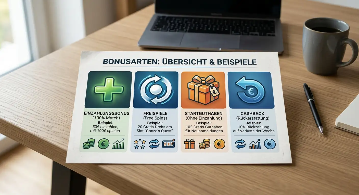 Übersicht der Bonusarten: Einzahlungsbonus, Freispiele, No-Deposit und Cashback im Vergleich