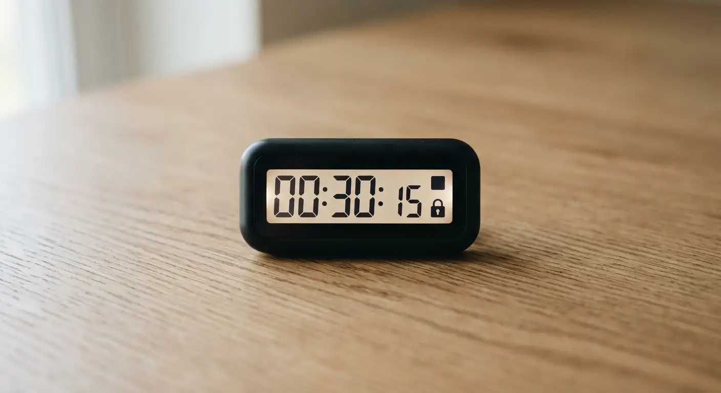 Digitale Uhr mit Stopp-Symbol als Sinnbild für verantwortungsvolles Spielen
