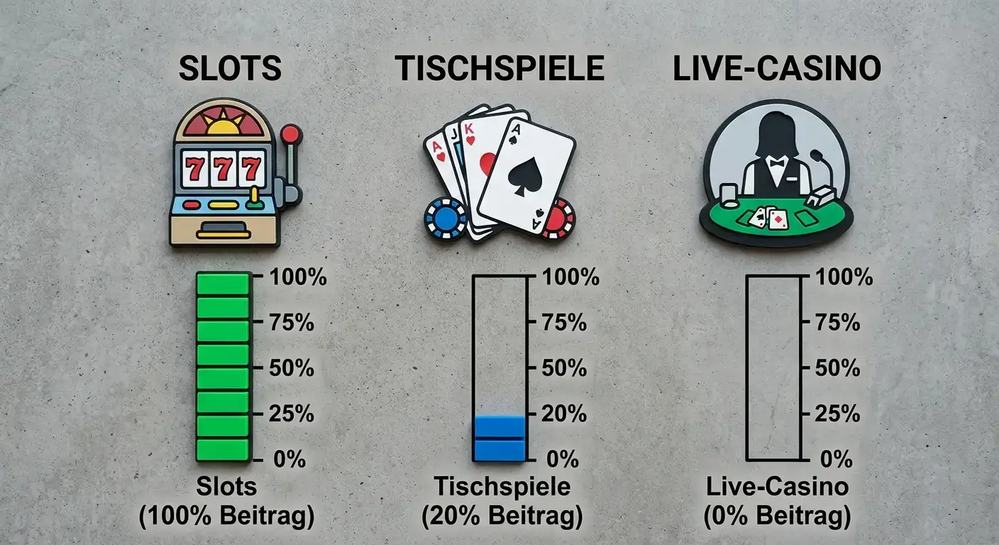 Spielgewichte für den Bonus-Umsatz: Slots 100 %, Tischspiele 0–20 %, Live-Casino 0 %